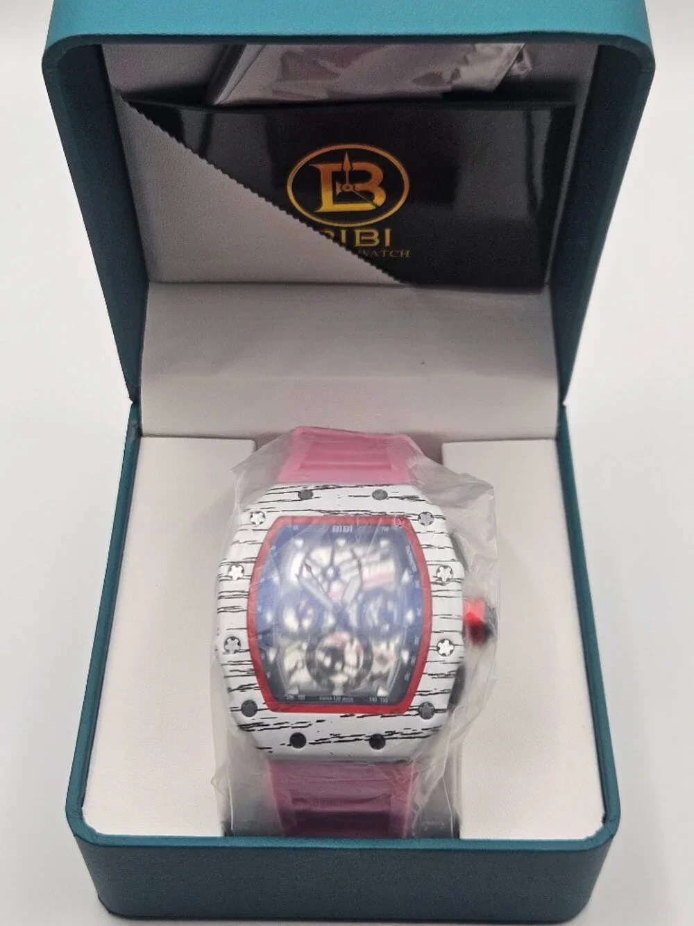 BIBI Luxury Watch Tonneau Chronograph Pink Silicone Strap White Textured Bezel